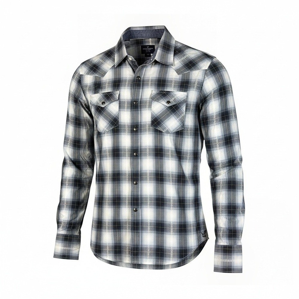 American Eagle Mens Slim Fit Western Plaid Snap Button Long Sleeve Shirt Medium